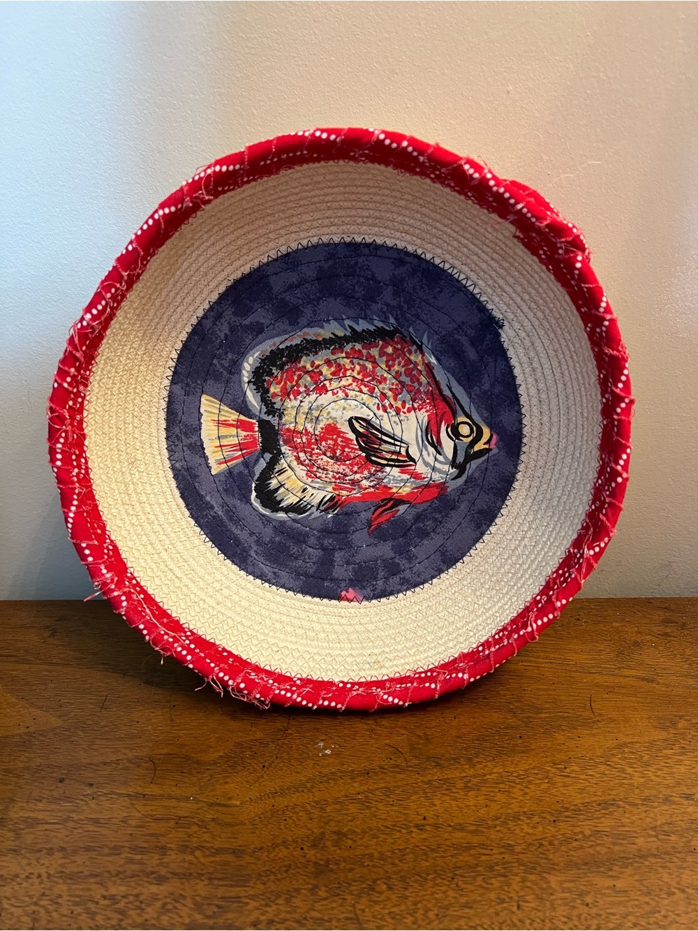 Handwoven Rope Fish Motif Bowl - Red & Navy